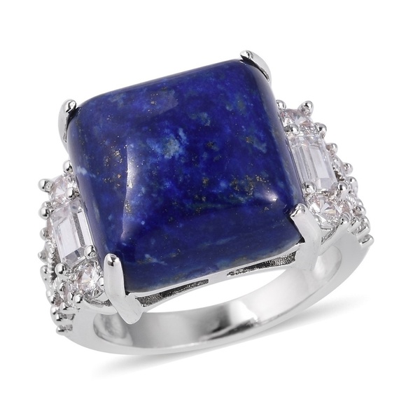 Genuine Lapis Lazuli, Simulated White Diamond Silvertone Ring - Picture 1 of 6